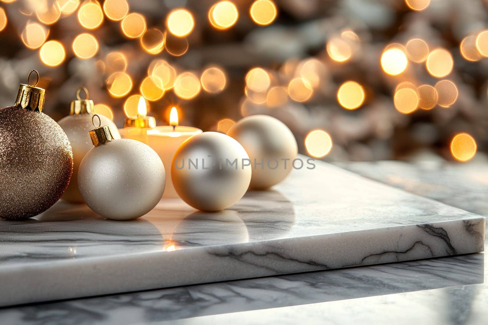 Elegant Christmas decorations with golden and white ornaments on marble.
