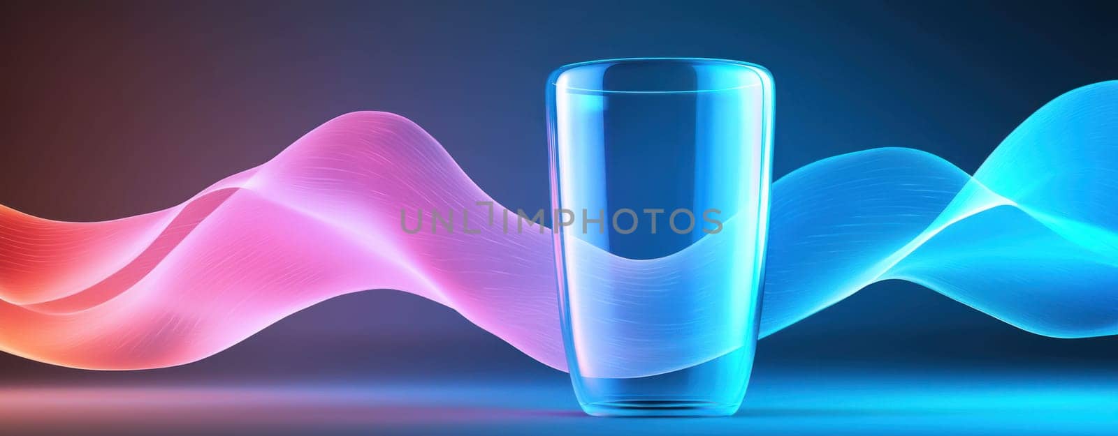 vibrant glass surrounded by colorful flowing waves, creating dynamic atmosphere.