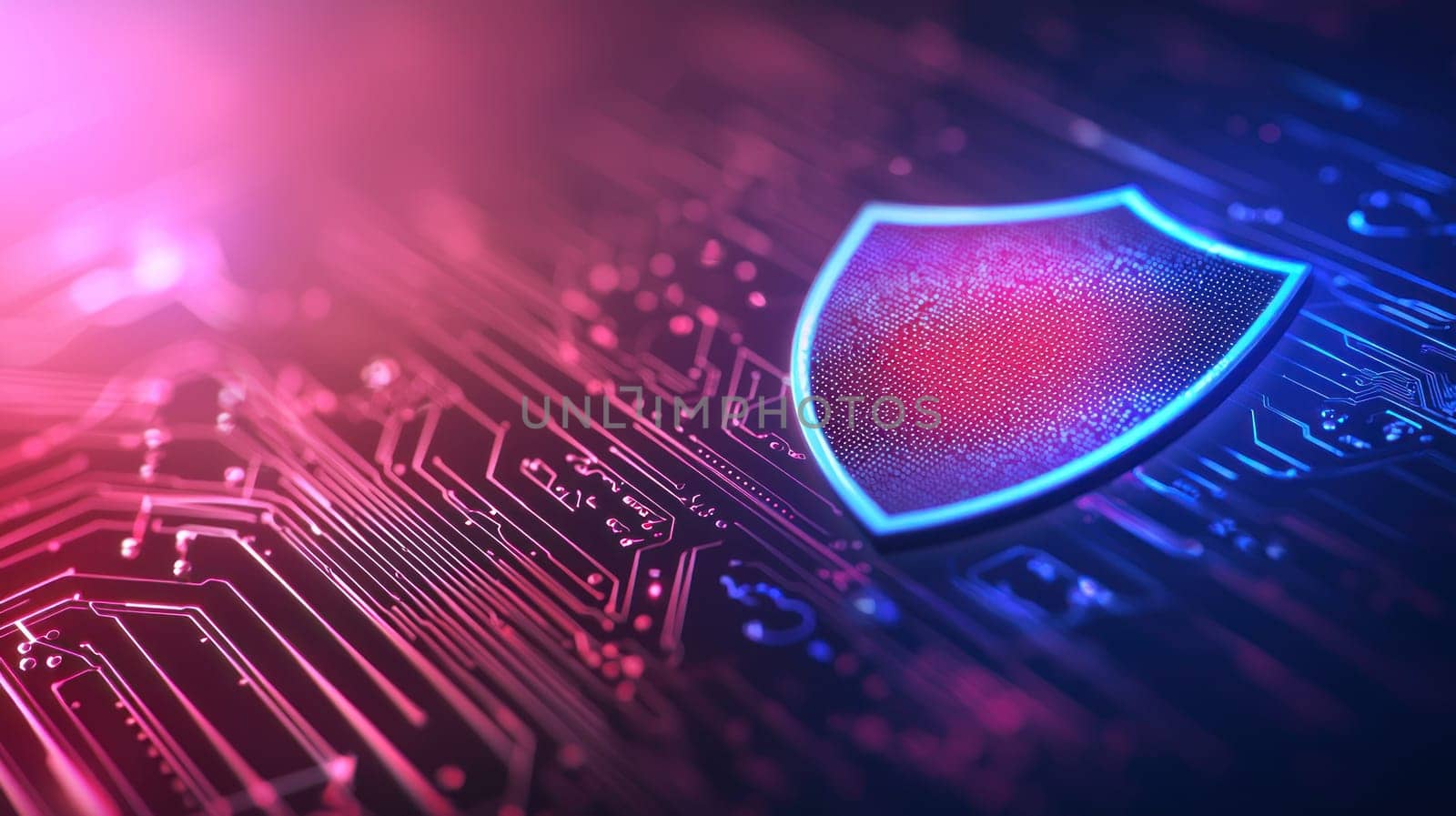 Digital shield representing data protection on circuit board background.