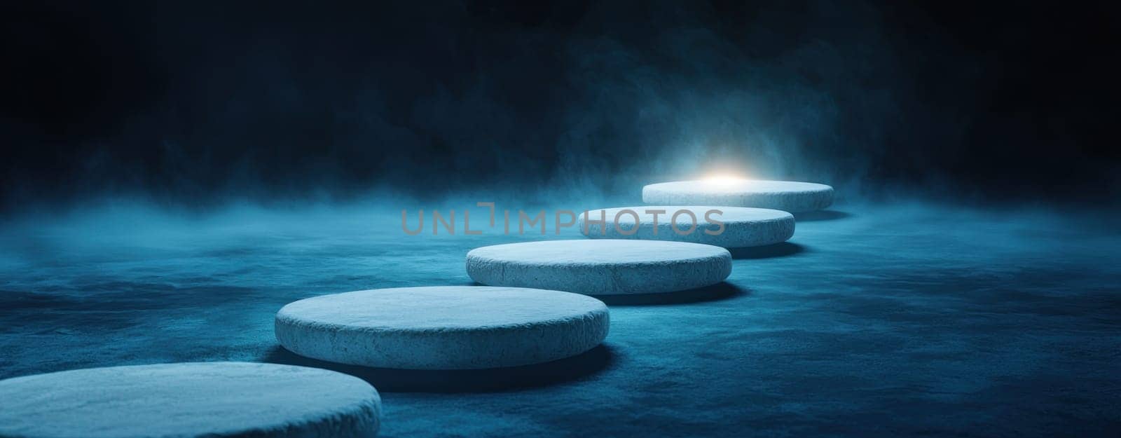 serene pathway of circular stones leads into misty blue ambiance.