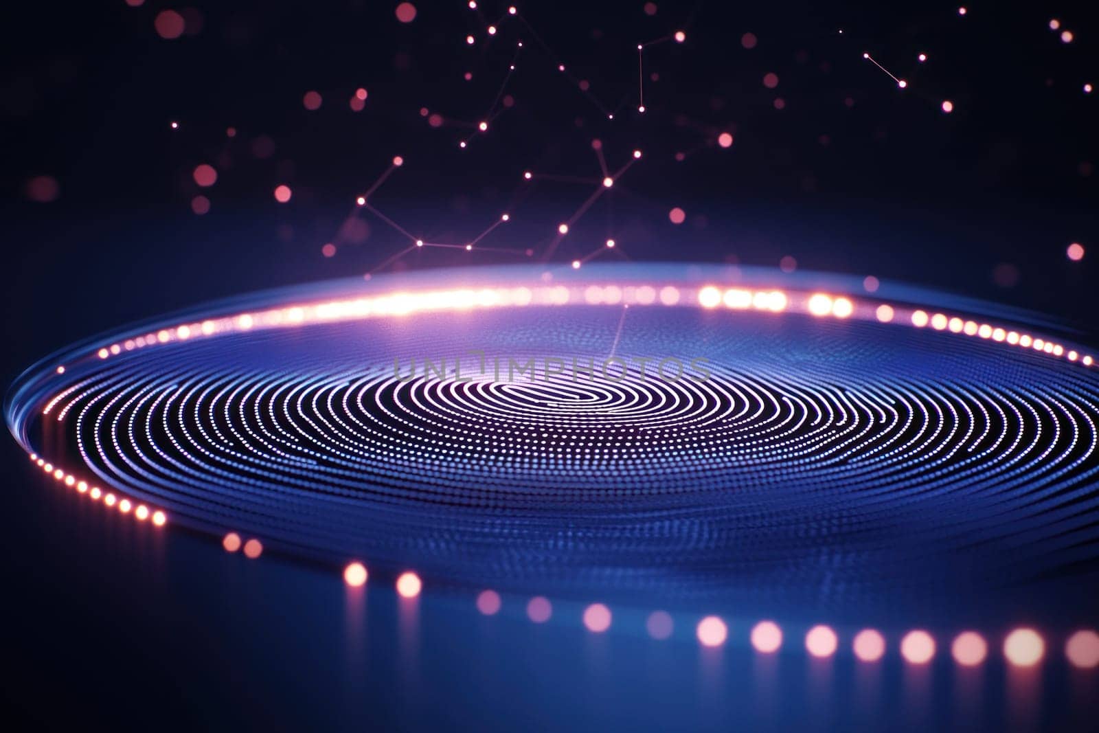 Digital abstract design with glowing circular patterns and stars.