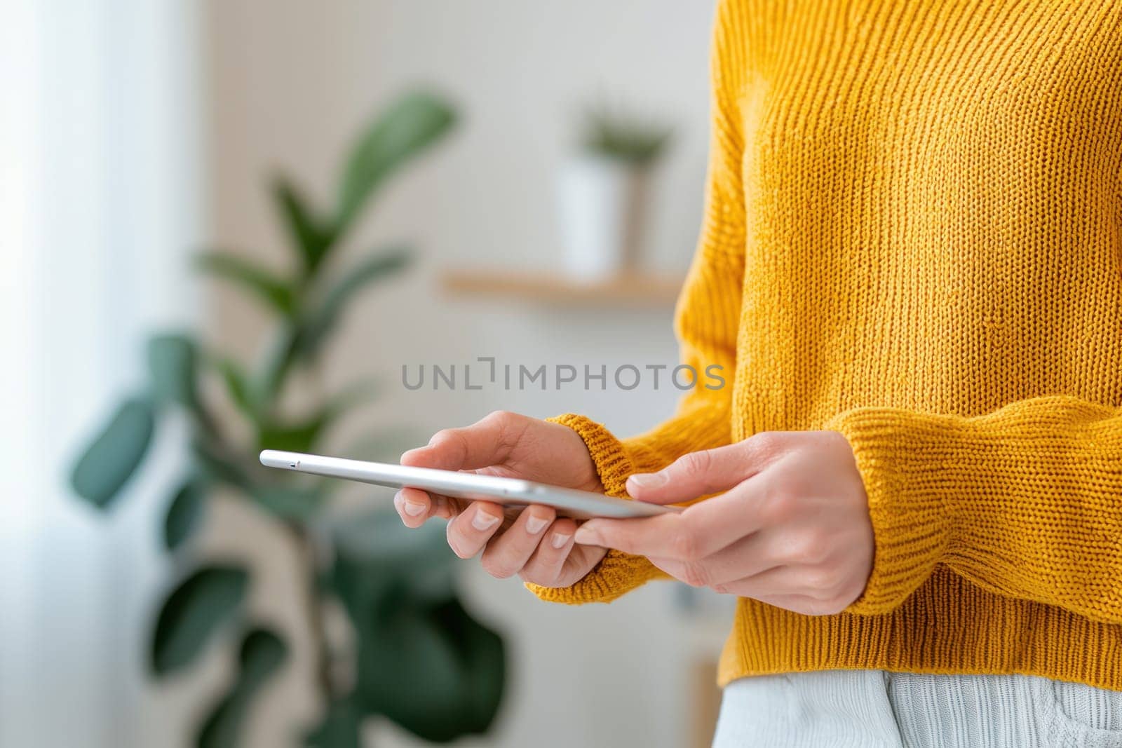 Cozy woman in yellow sweater using smartphone in bright room.