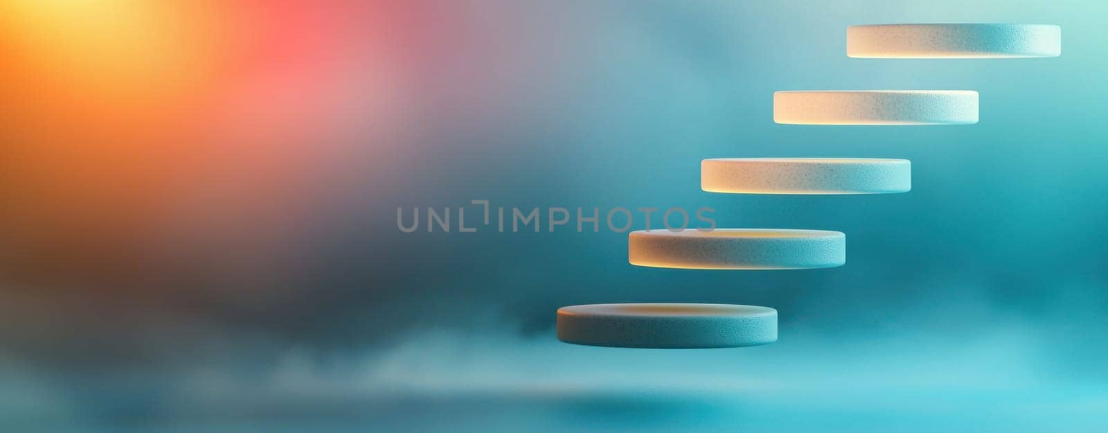 Floating geometric shapes create surreal atmosphere with vibrant colors.