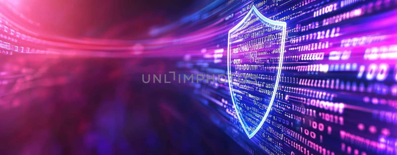 Digital shield icon with binary code background, symbolizing security.