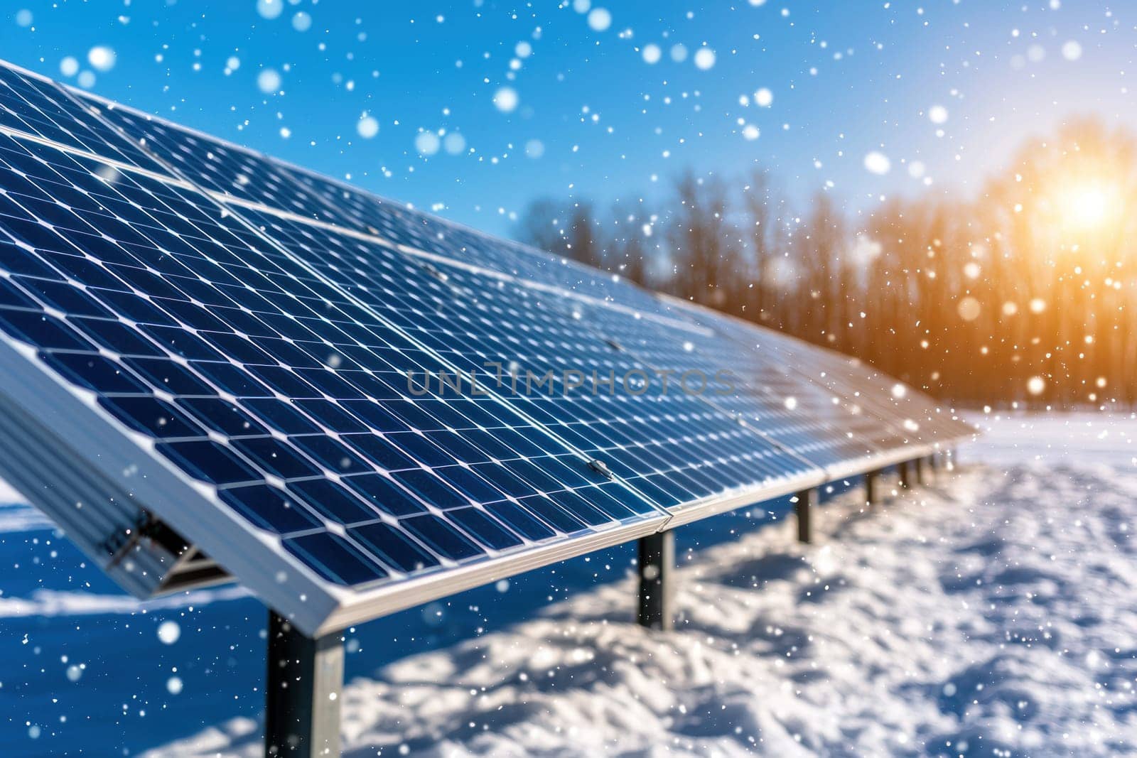 Snowfall on solar panels creates serene winter scene with cool blue tones.