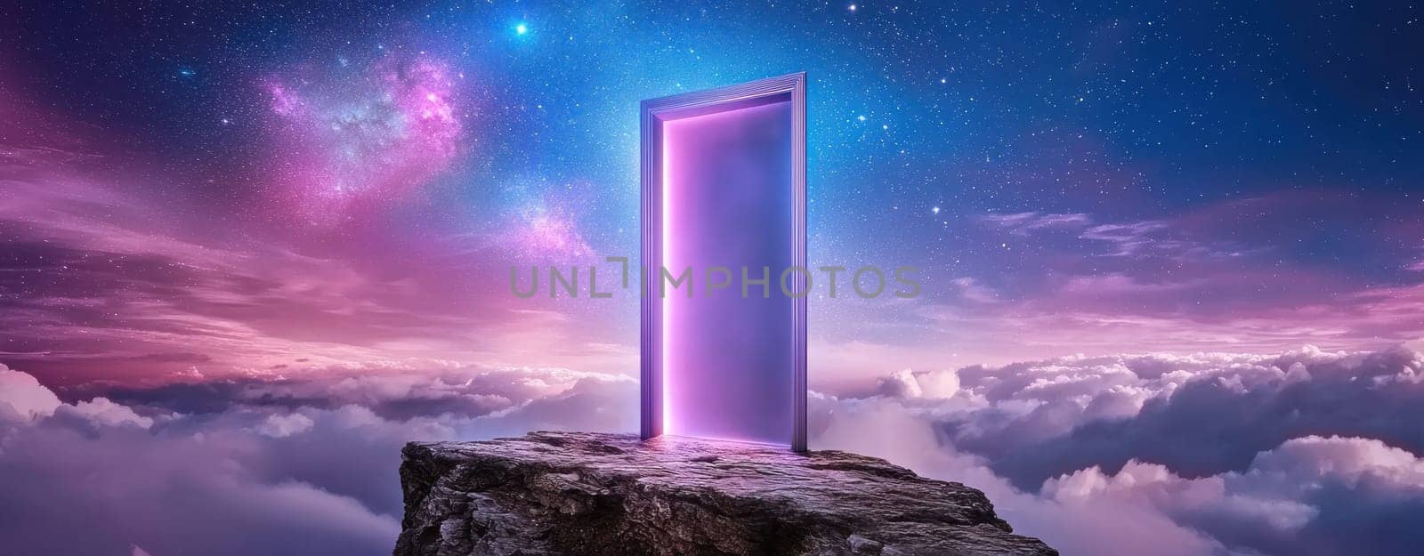 mystical doorway stands on cliff, surrounded by vibrant cosmic colors.