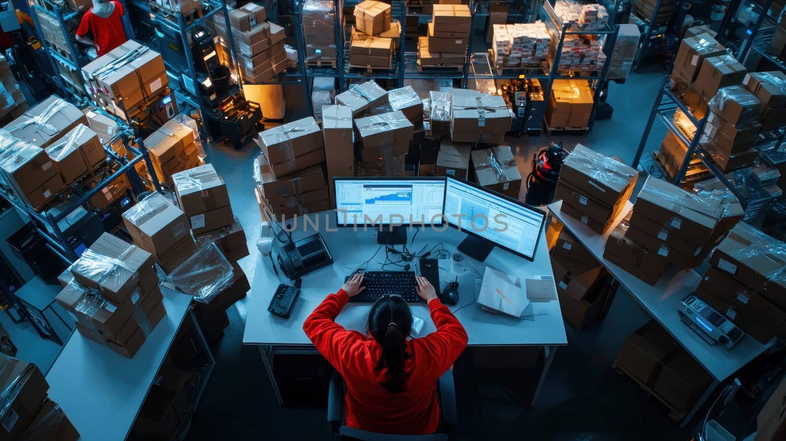 Efficient warehouse management with automated systems and organized packages.