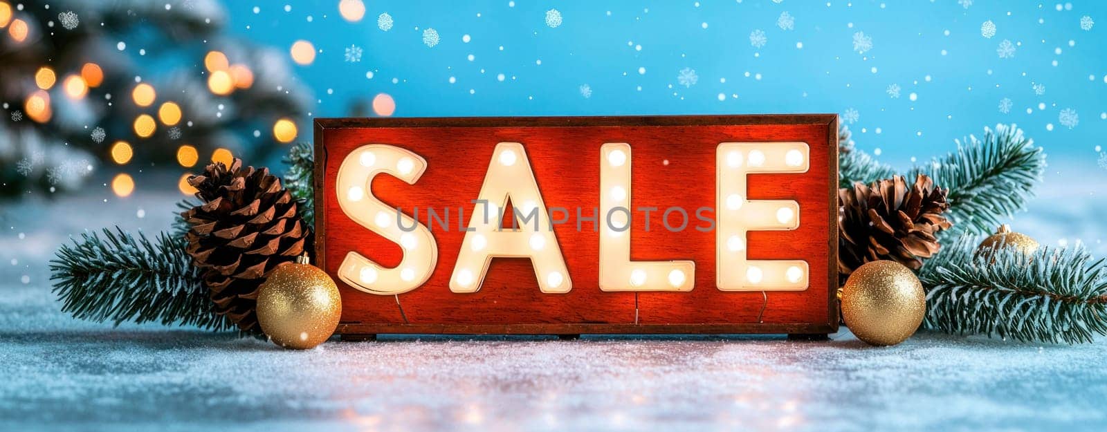 Festive sale sign with illuminated letters, pine cones, and ornaments.