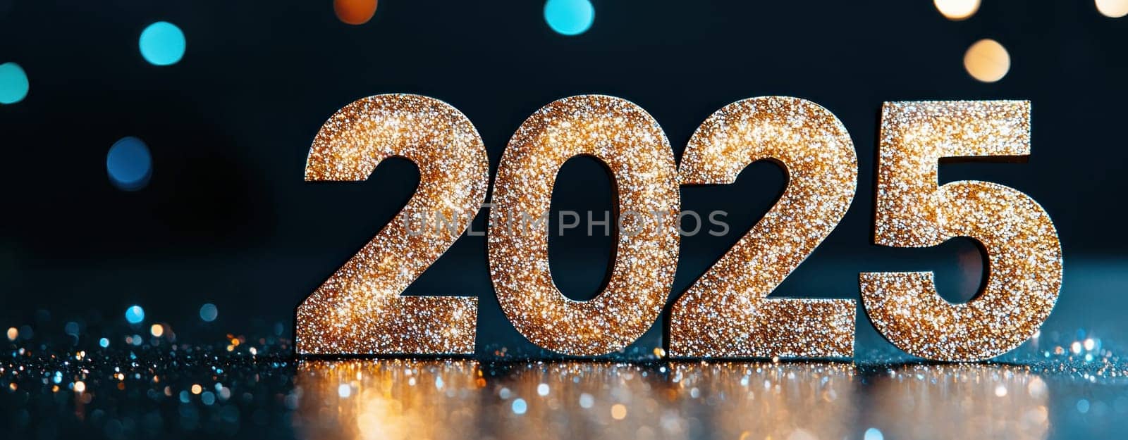 2025 in bold gold text shines brightly against dark background, creating festive atmosphere.