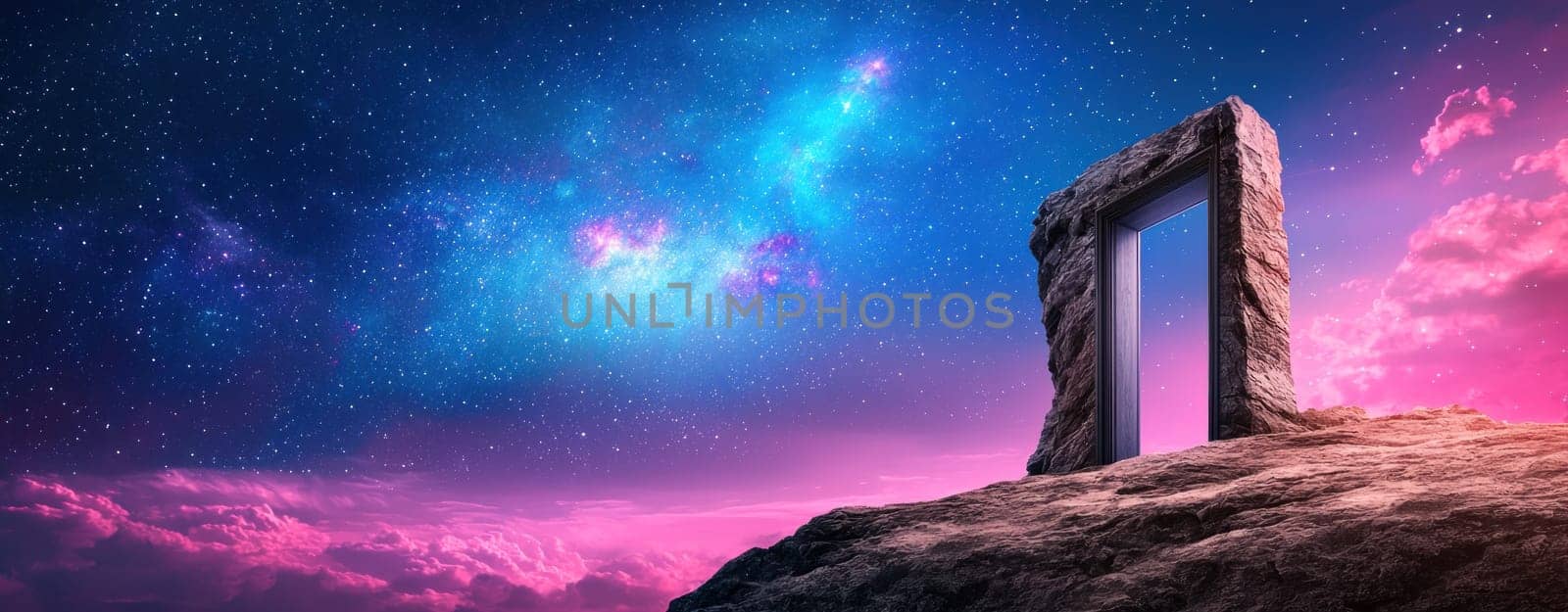 mystical doorway stands on cliff under starry sky, evoking wonder.