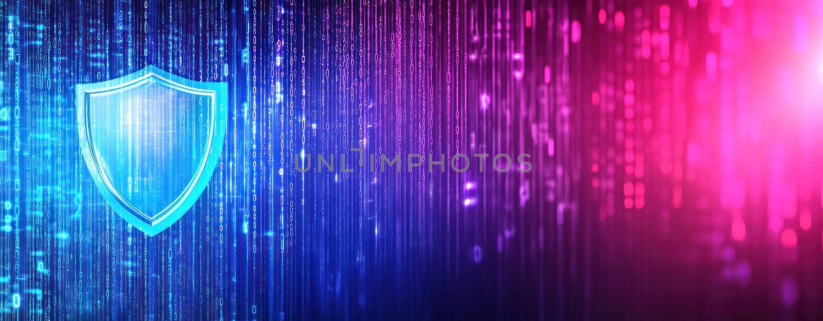 Digital shield icon with binary code background, symbolizing security.