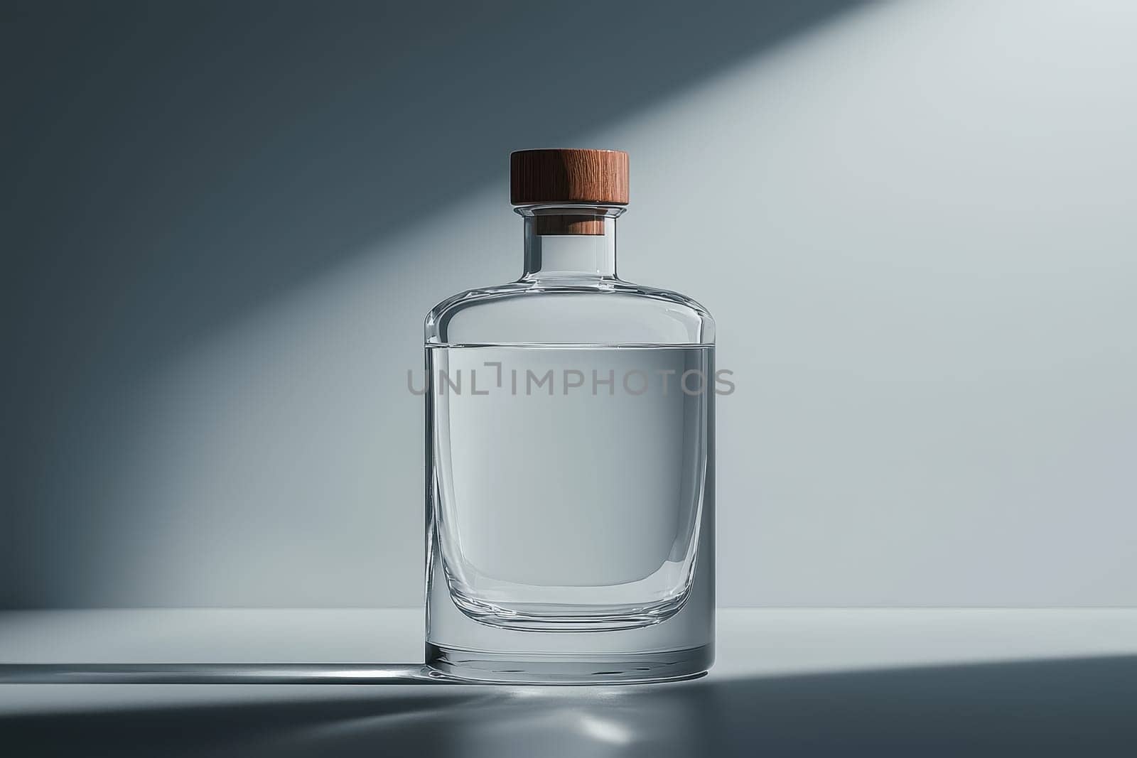 A minimalist studio composition featuring a transparent glass bottle with a wooden cap, elegantly holding clear water. The interplay of light and shadow creates a serene atmosphere, emphasizing simplicity and design.