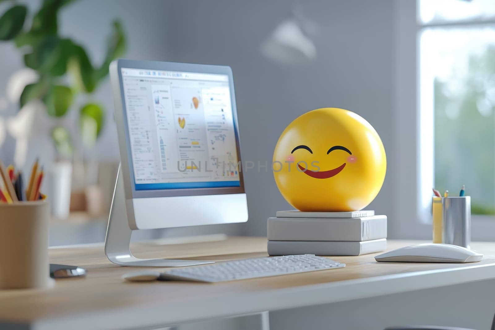 A cheerful emoji decor piece on a modern workspace desk enhances creativity and productivity, featuring a sleek computer and organized supplies in a bright environment.