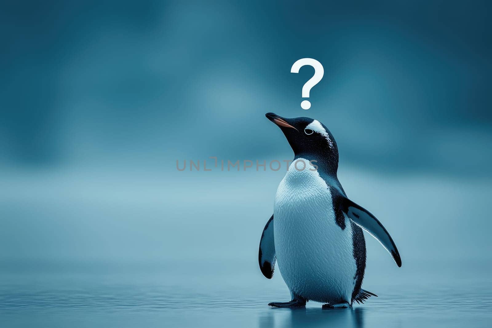 curious penguin standing in serene environment with question mark.