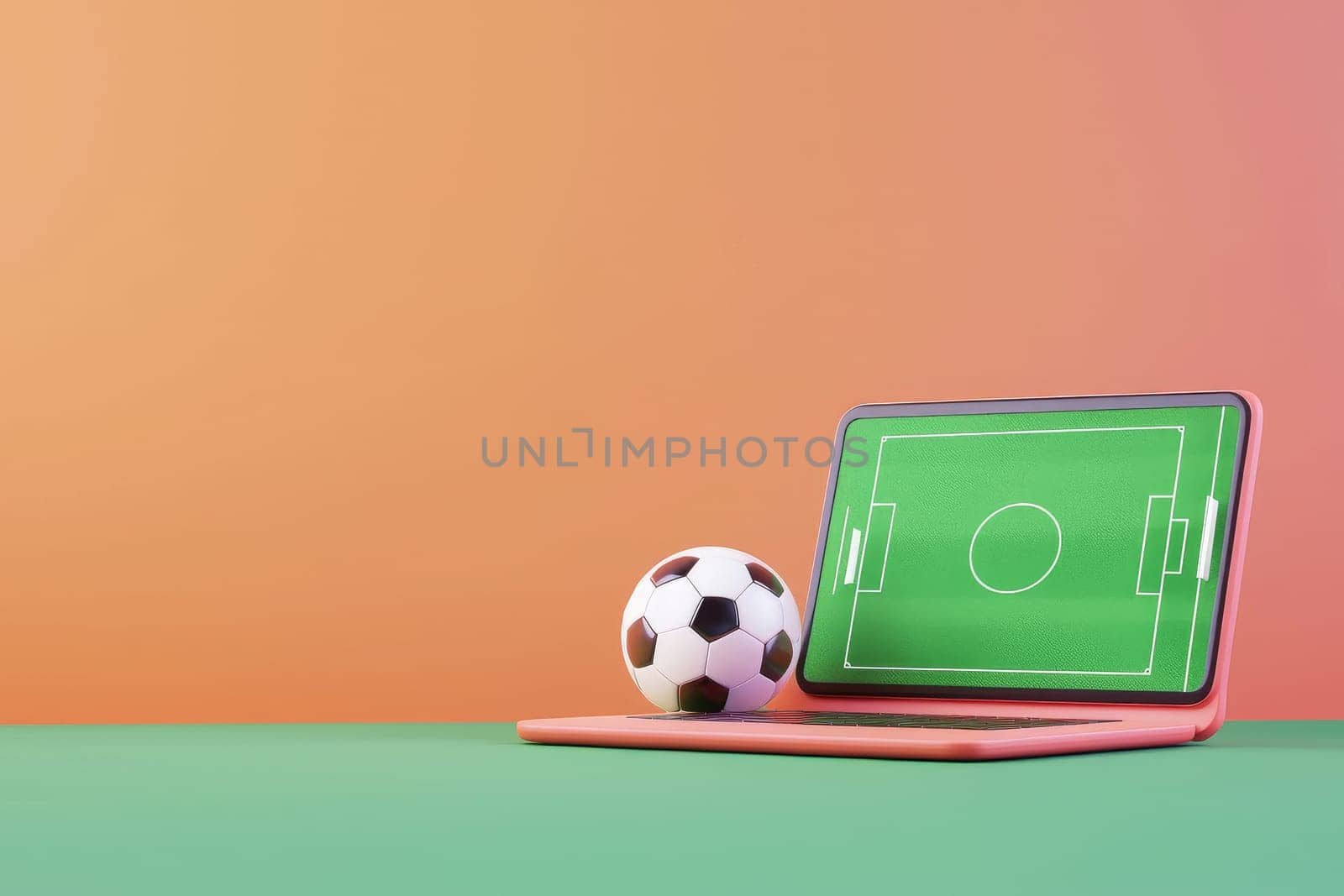 laptop displaying soccer field with ball nearby, symbolizing sports.