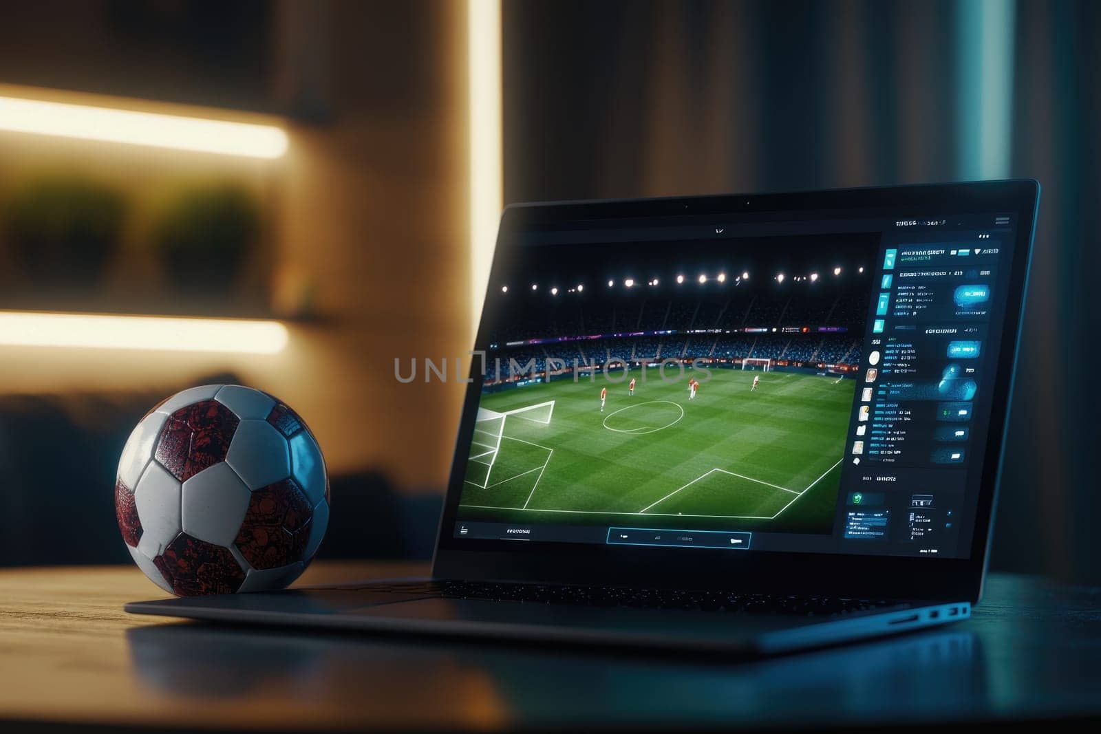 laptop displaying soccer game with ball nearby, creating excitement.