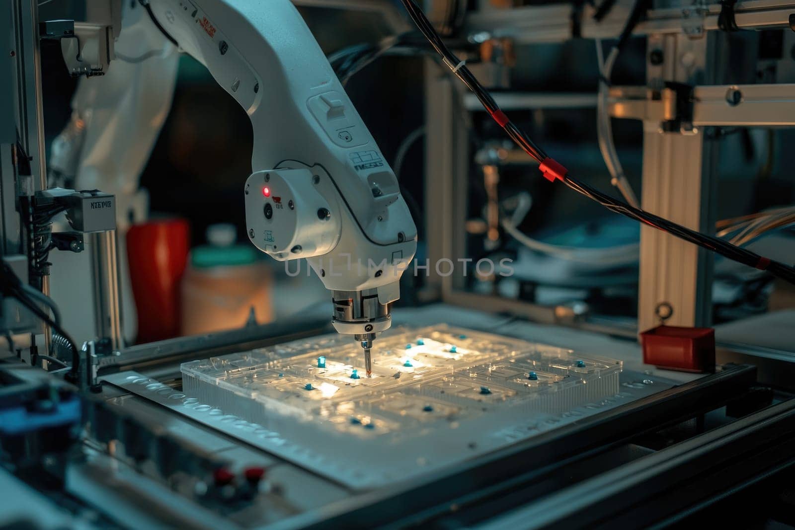 robotic arm performing delicate manufacturing task in lab environment.