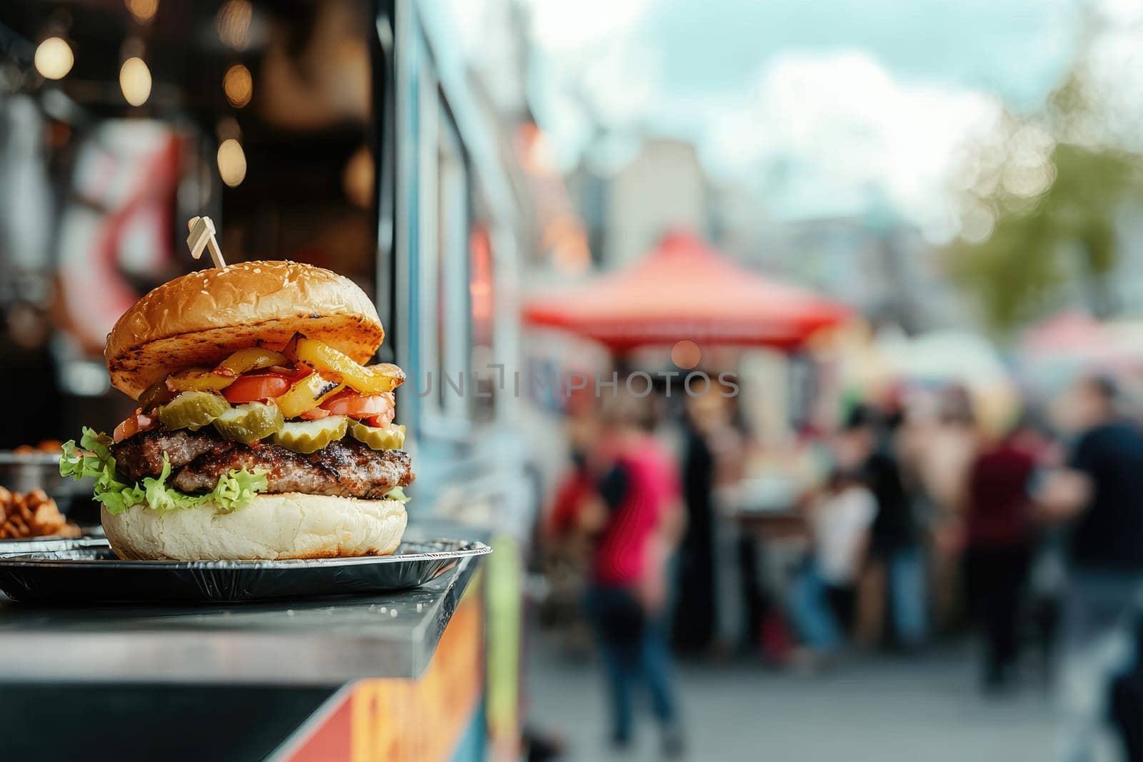 Juicy burger at lively food truck festival with blurred crowd.