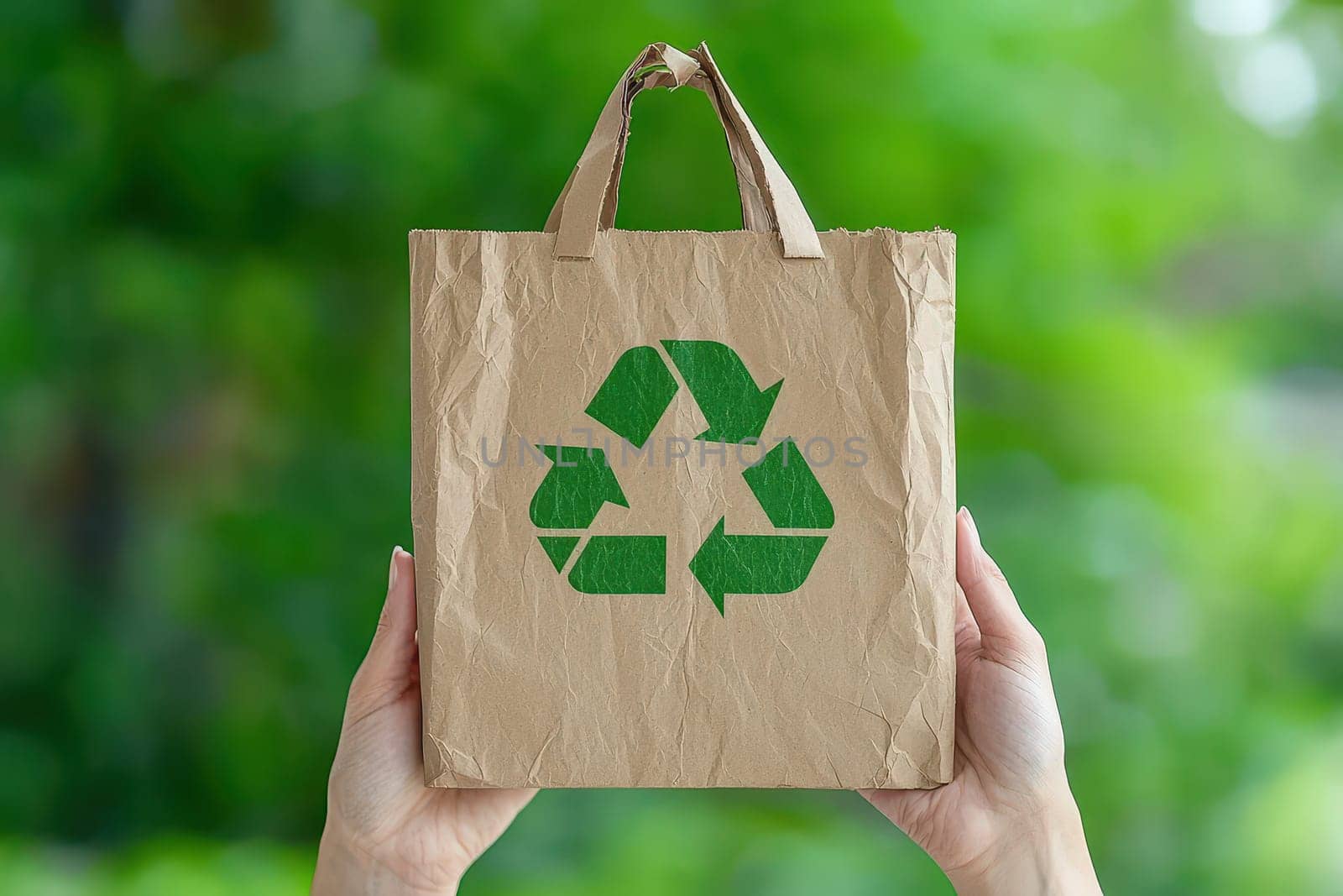 A woman holds a recyclable paper bag outdoors, promoting sustainability and eco-friendly practices. The green recycling symbol highlights environmental awareness.