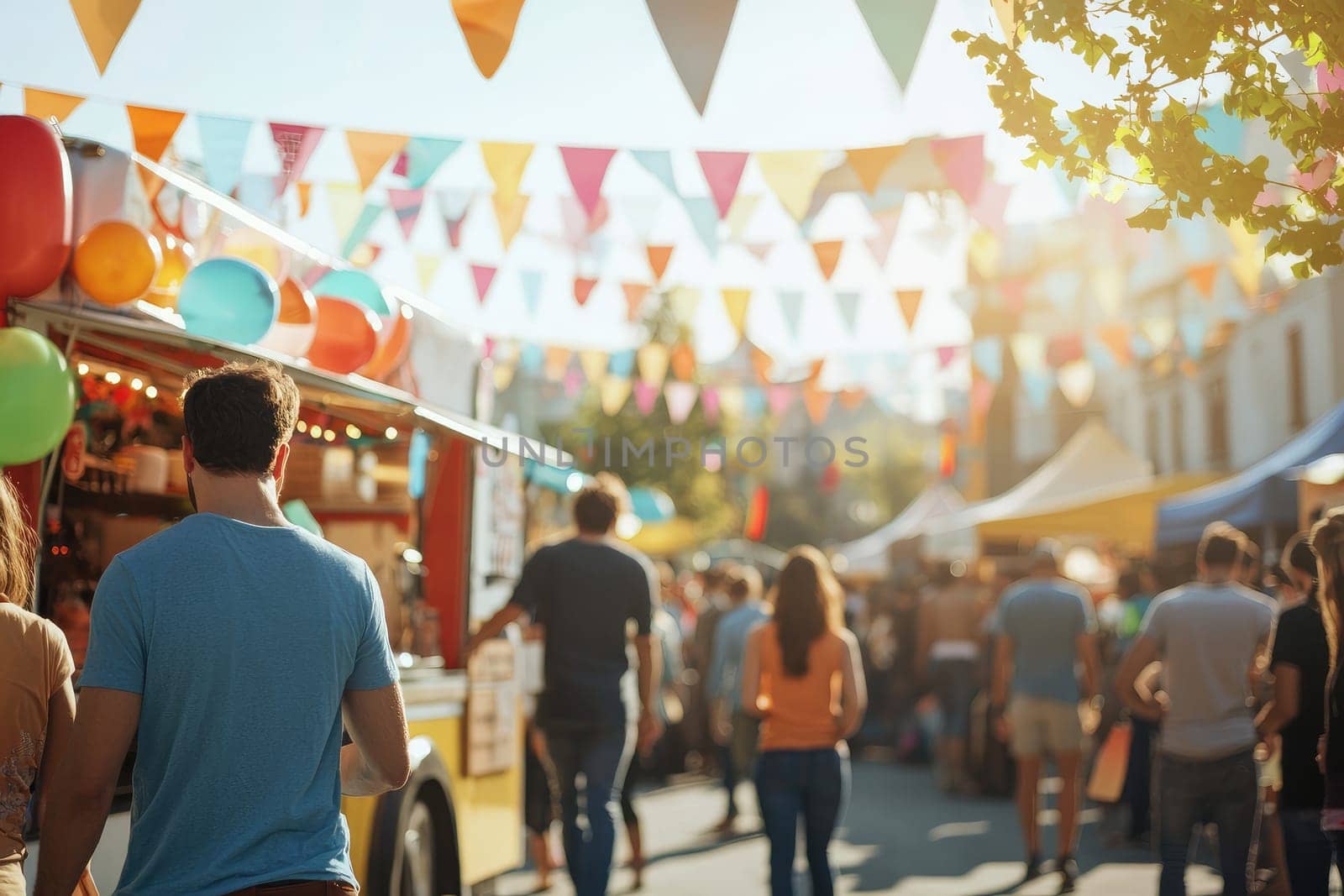 lively food truck festival with colorful bunting and bustling crowd.