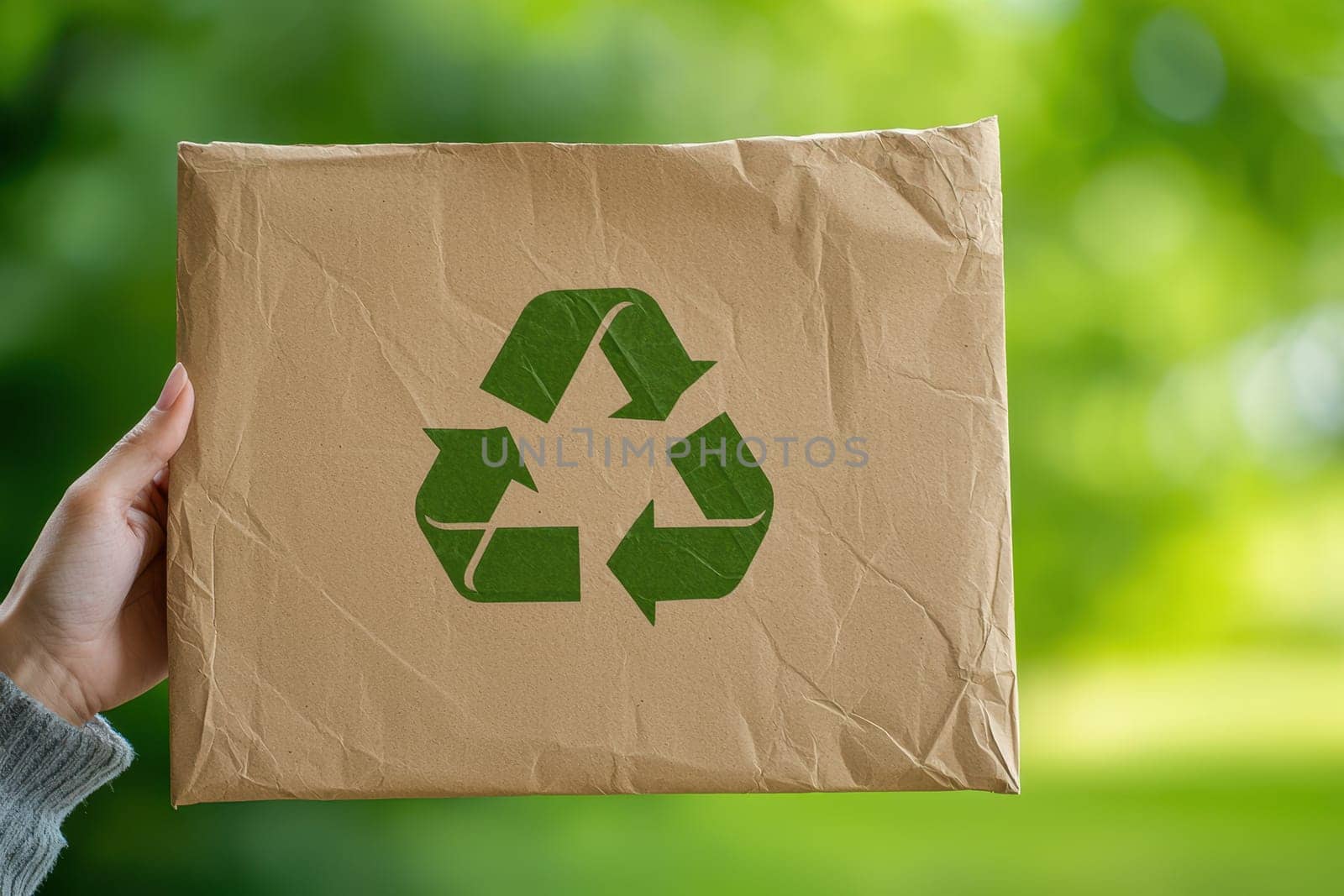 A woman holds a recycling paper sheet featuring a green symbol outdoors, promoting eco-friendly practices and raising awareness about sustainability and recycling efforts.