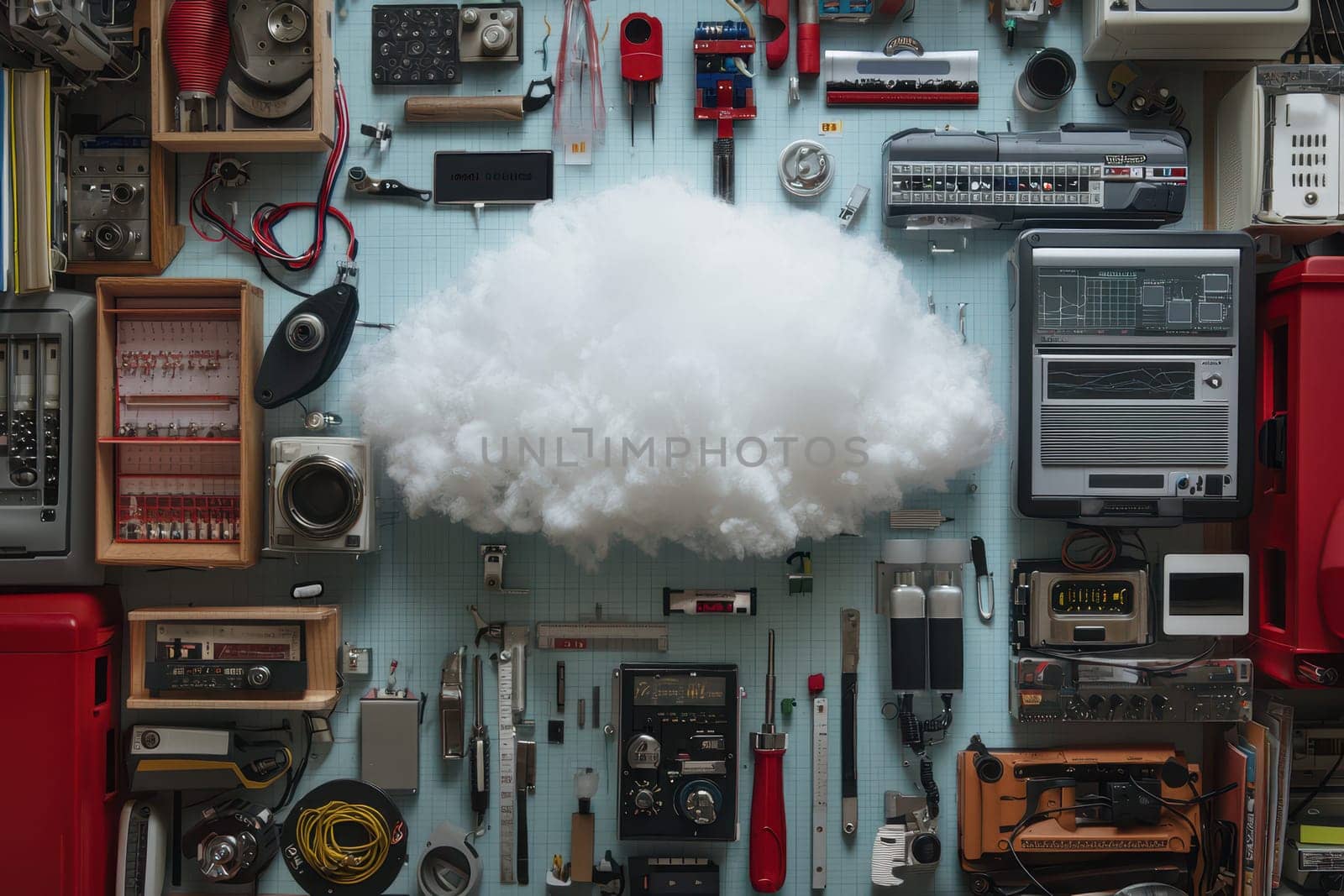 This image features a chaotic yet organized arrangement of various objects around a fluffy cloud centerpiece, creating a unique visual experience and inspiring creativity.