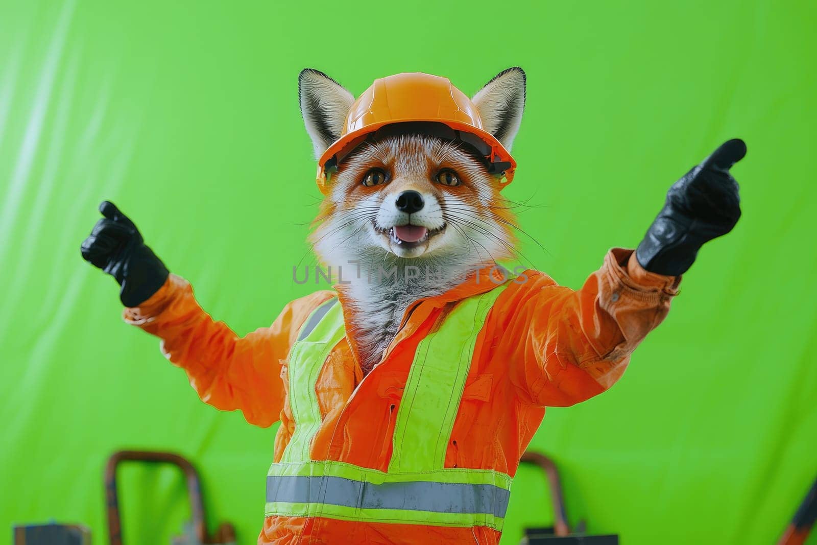 playful fox wearing construction helmet and safety gear, smiling cheerfully.