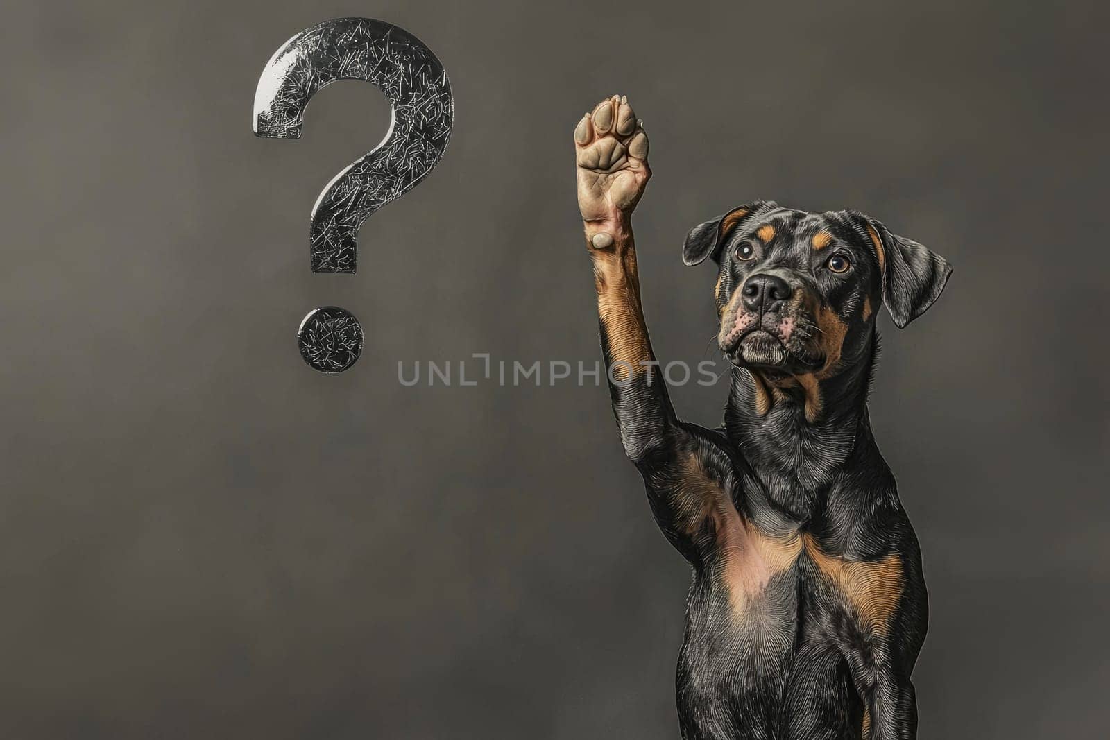 Dog raising paw with question mark, curious expression, studio shot.