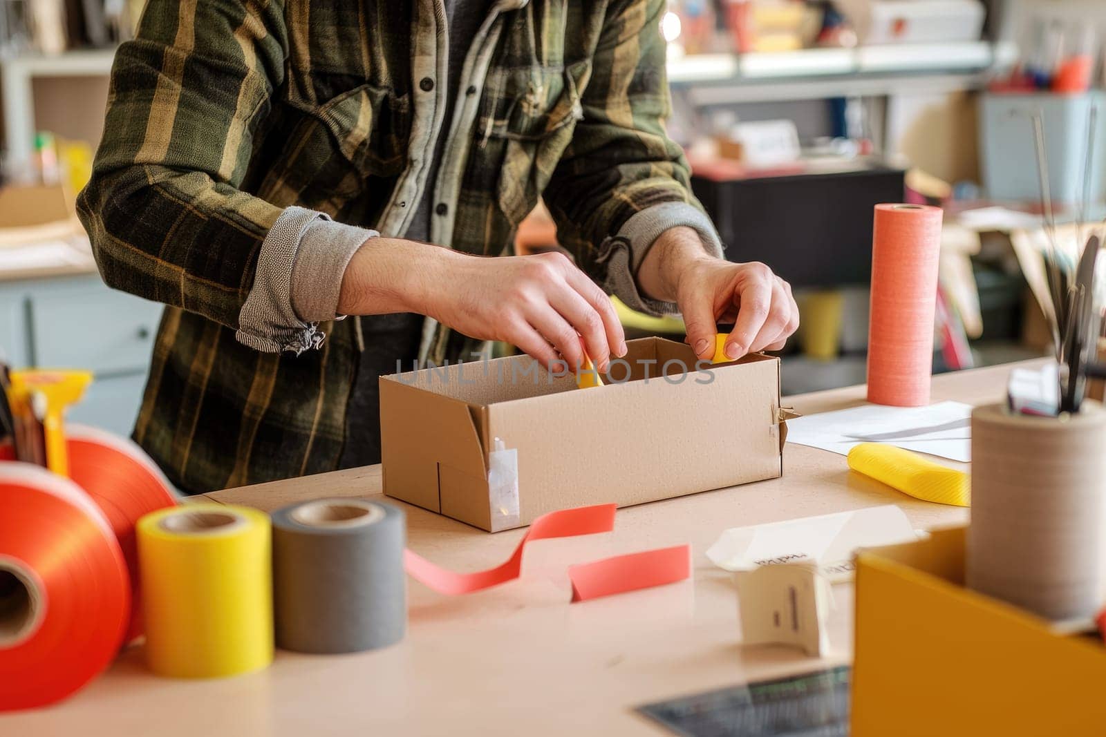 person carefully assembling cardboard box with colorful tape and materials.