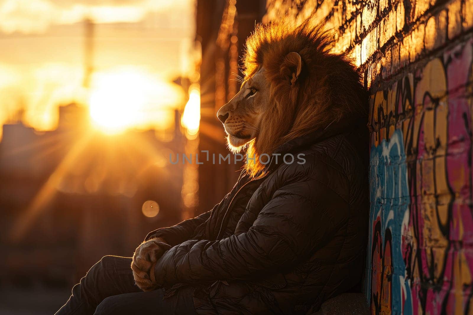 lion in padded winter jacket poses against sunset backdrop.