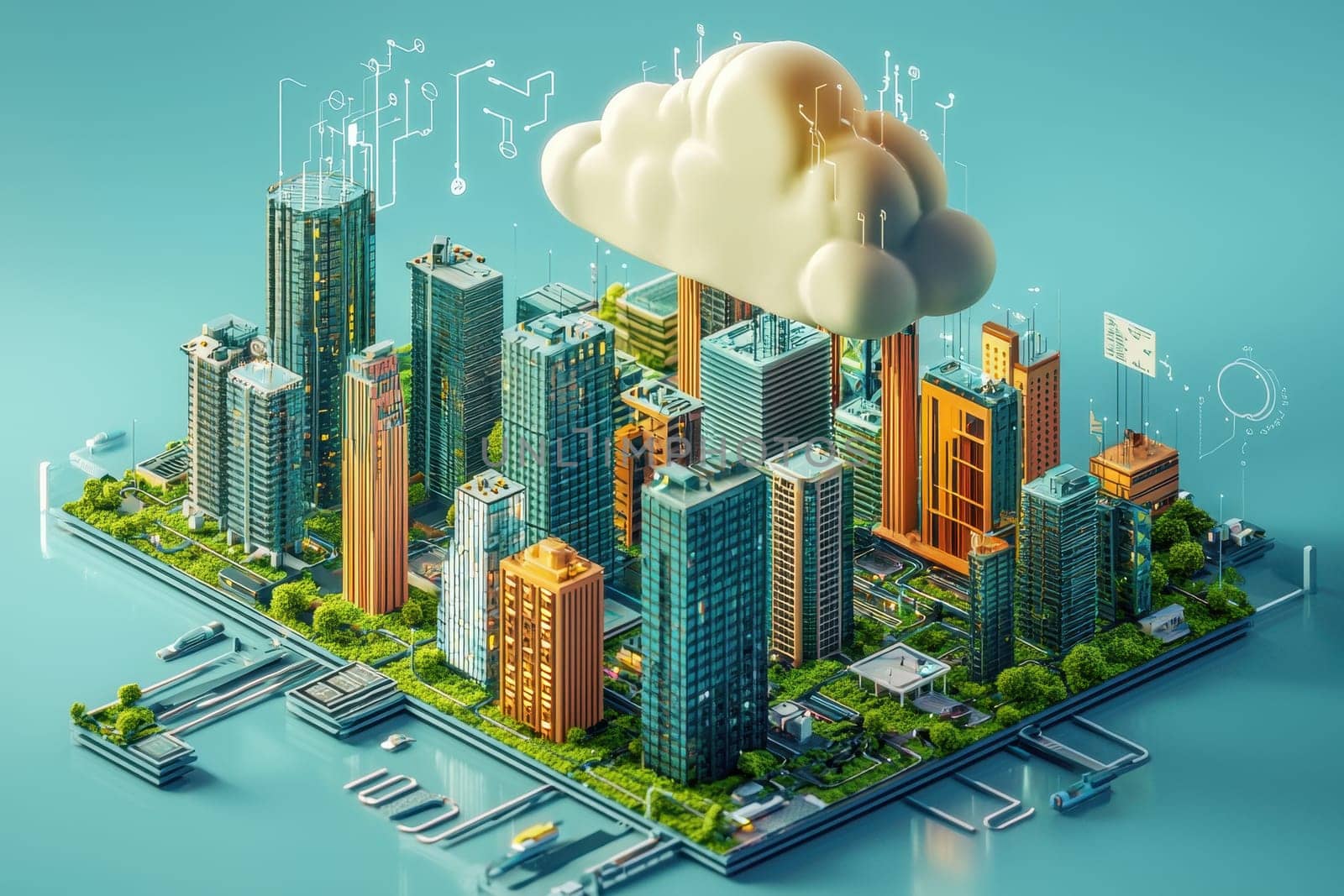 This abstract futuristic cityscape features a blend of modern skyscrapers, greenery, and a cloud element, showcasing the synergy of technology and nature in urban design.