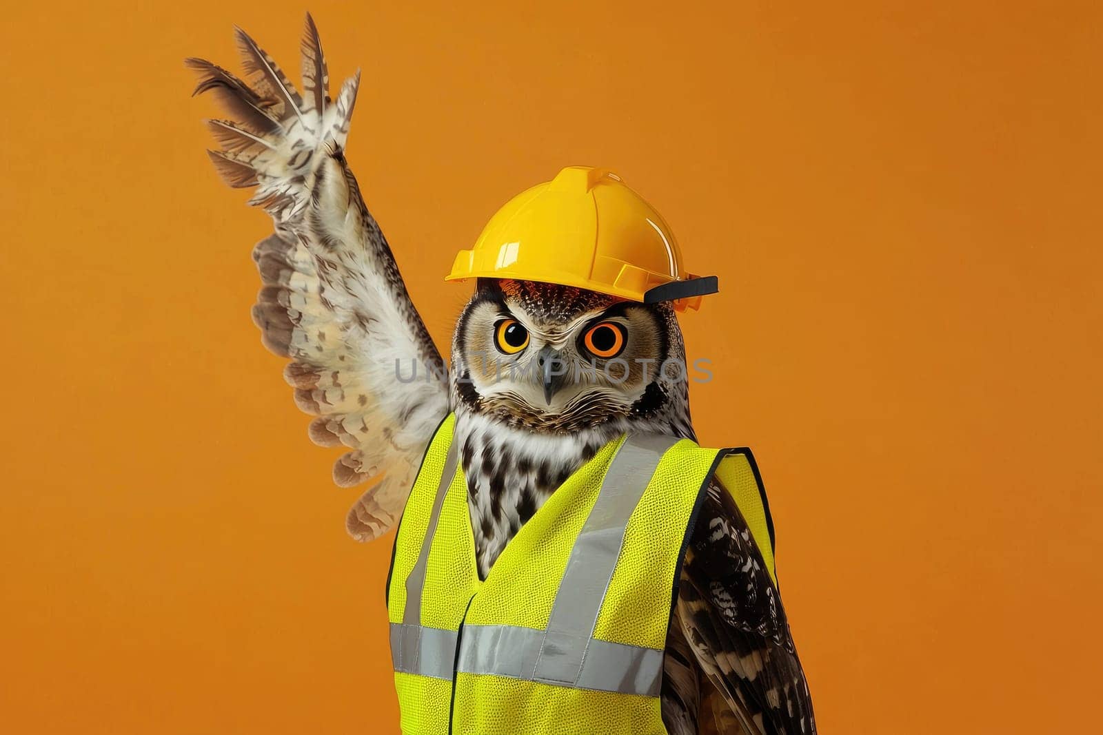 owl wearing reflective vest and yellow hard hat, posing confidently.
