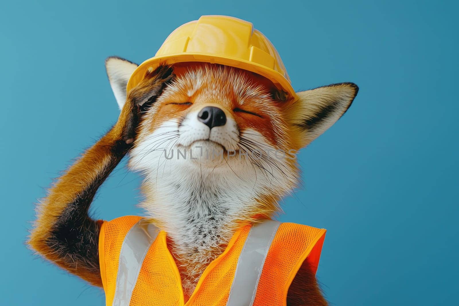 fox wearing hard hat and safety vest smiles confidently.