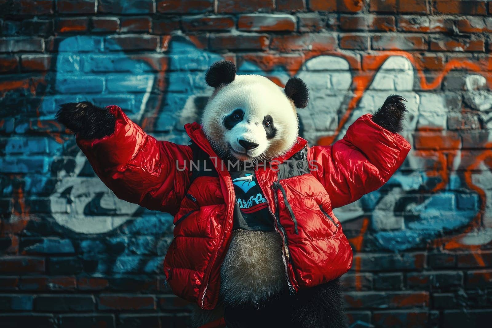 panda bear in red padded winter jacket poses playfully against graffiti wall.