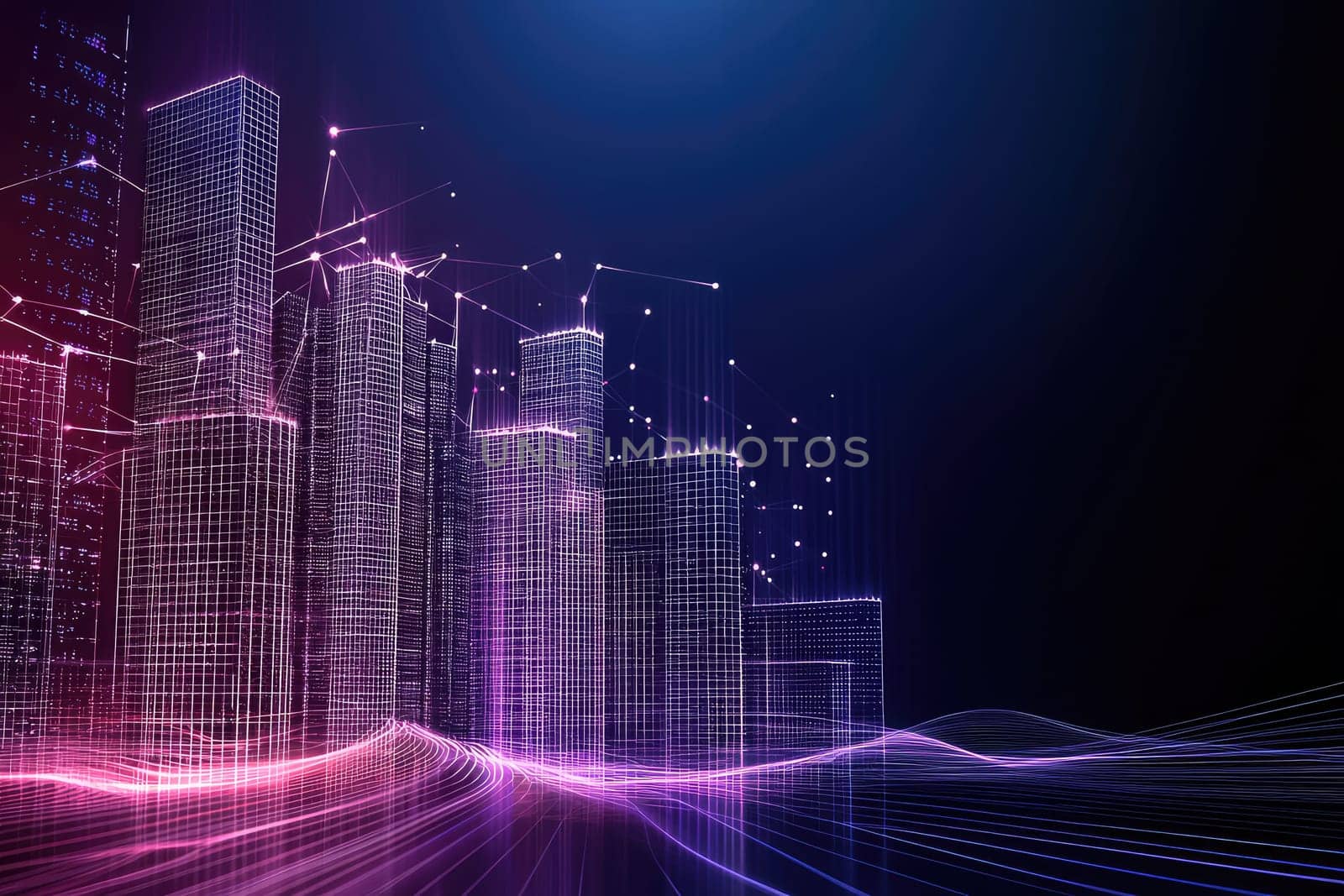 Digital cityscape with data connections and glowing lines.