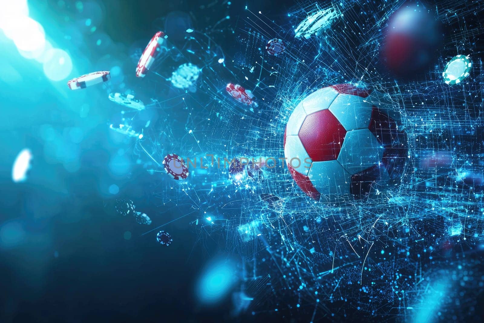 Soccer ball surrounded by digital elements and betting symbols, vibrant energy.