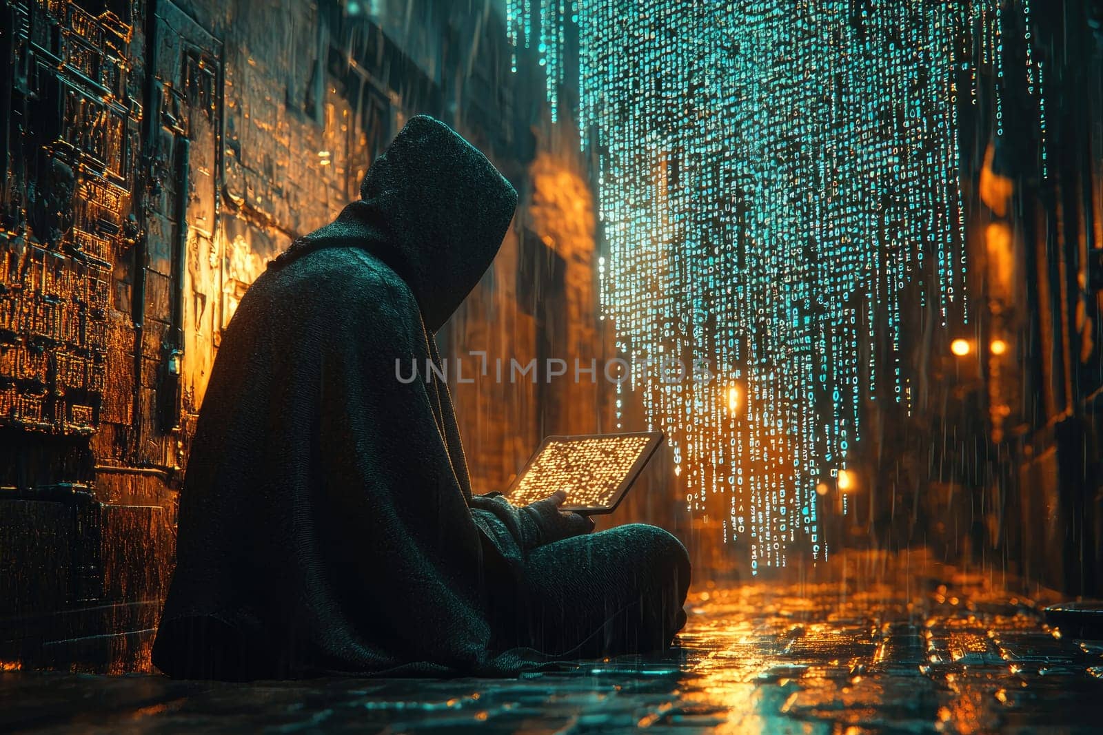 Anonymous coder: hacker dismantling binary barriers while cloaked in hoodie, embodying mystique of underground tech culture, challenging systems with skillful precision, stealth in digital realm