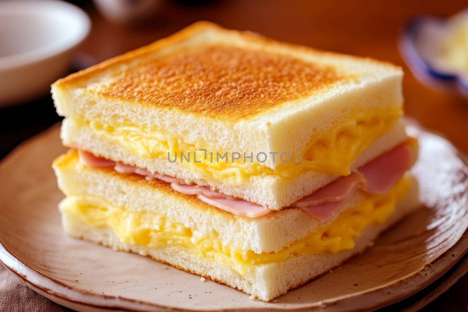 Crispy toasted sandwich with ham and melted cheese isolated background, Breakfast food, Closeup.