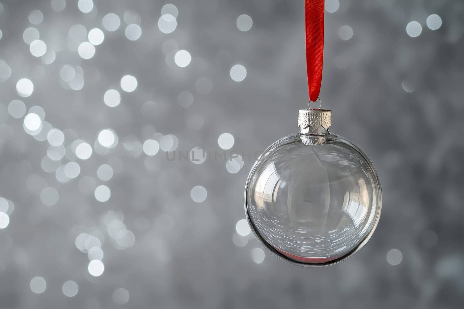 transparent glass Christmas bauble hanging on a red ribbon with space for text on a bokeh background.