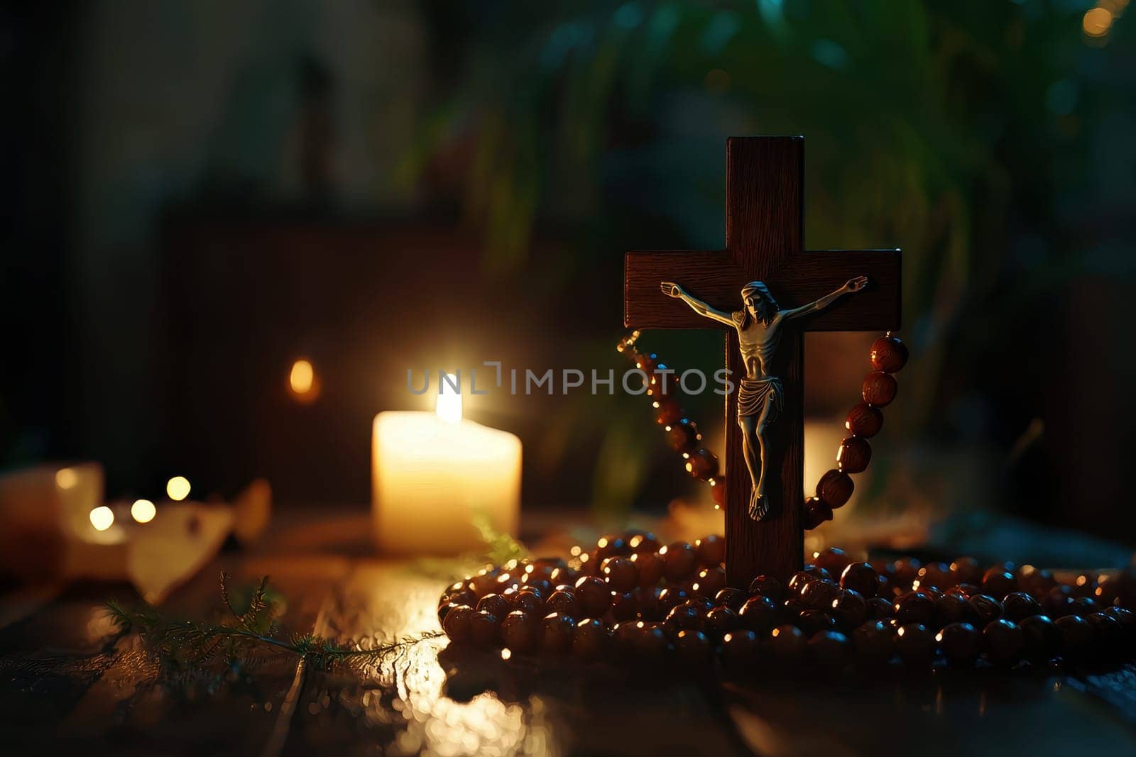 A close-up of a wooden rosary and crucifix on a wooden table, with a burning candle in the background..