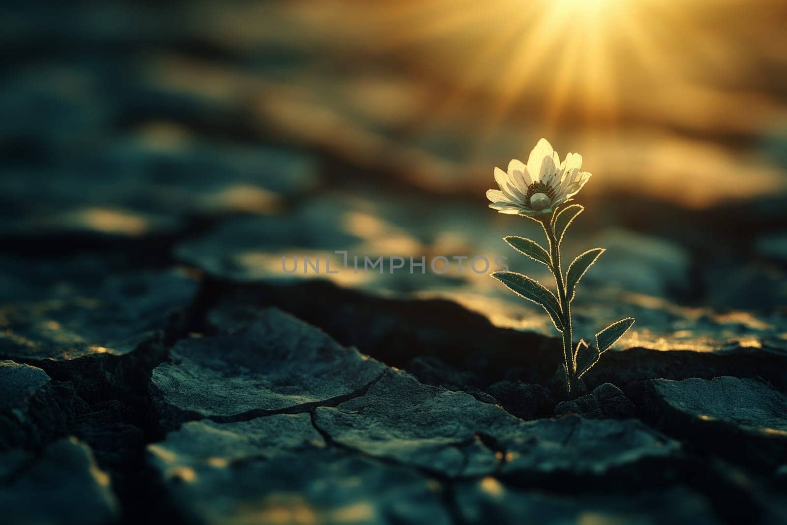 A close-up of a small plant growing in cracked, dry soil, symbolizing environmental change and resilience.