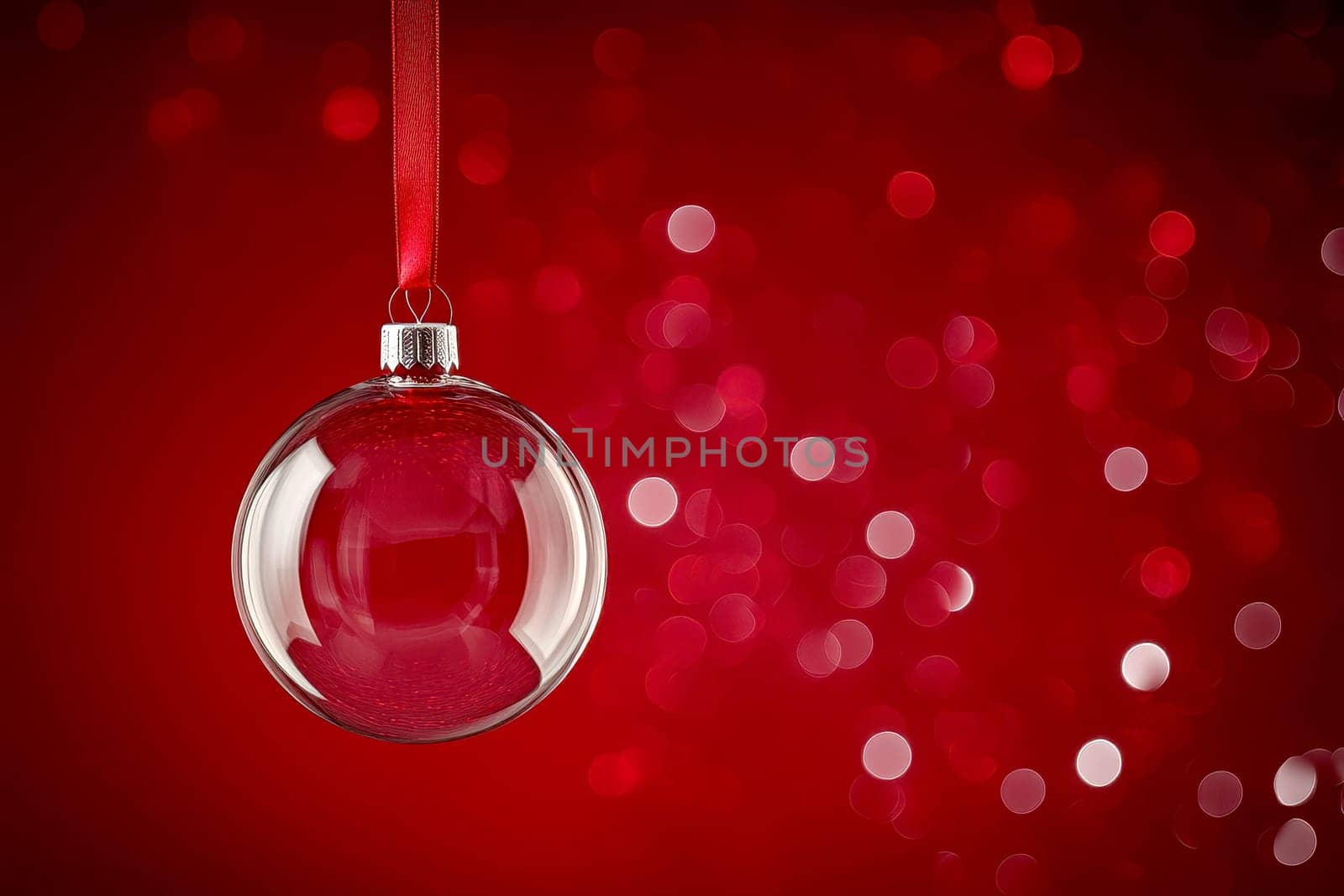 transparent glass Christmas bauble hanging on a red ribbon with space for text on a bokeh Christmas red isolated background --ar 3:2 --v 6.1 Job ID: 72add5f0-0fb0-4085-bf56-dda5cd5383af