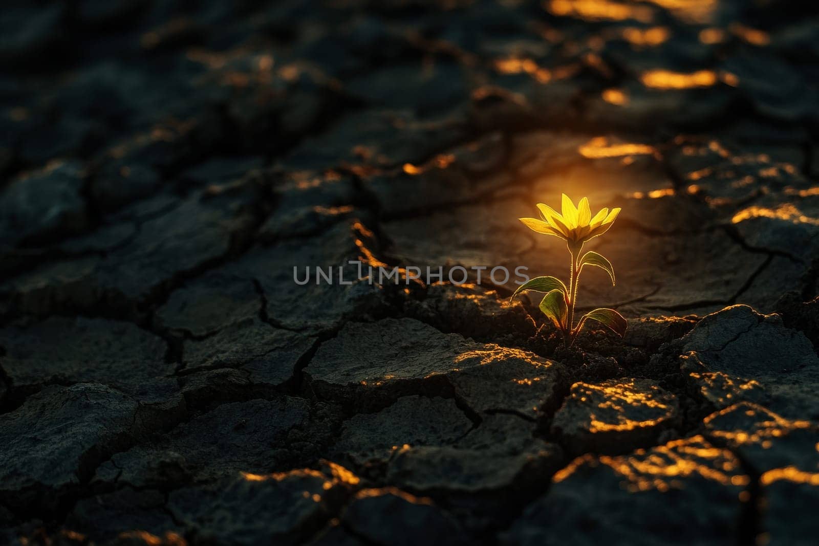 A close-up of a small plant growing in cracked, dry soil, symbolizing environmental change and resilience.