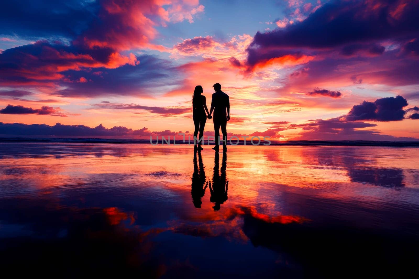 A couple is standing on the beach at sunset with a red sky. AI. High quality illustration