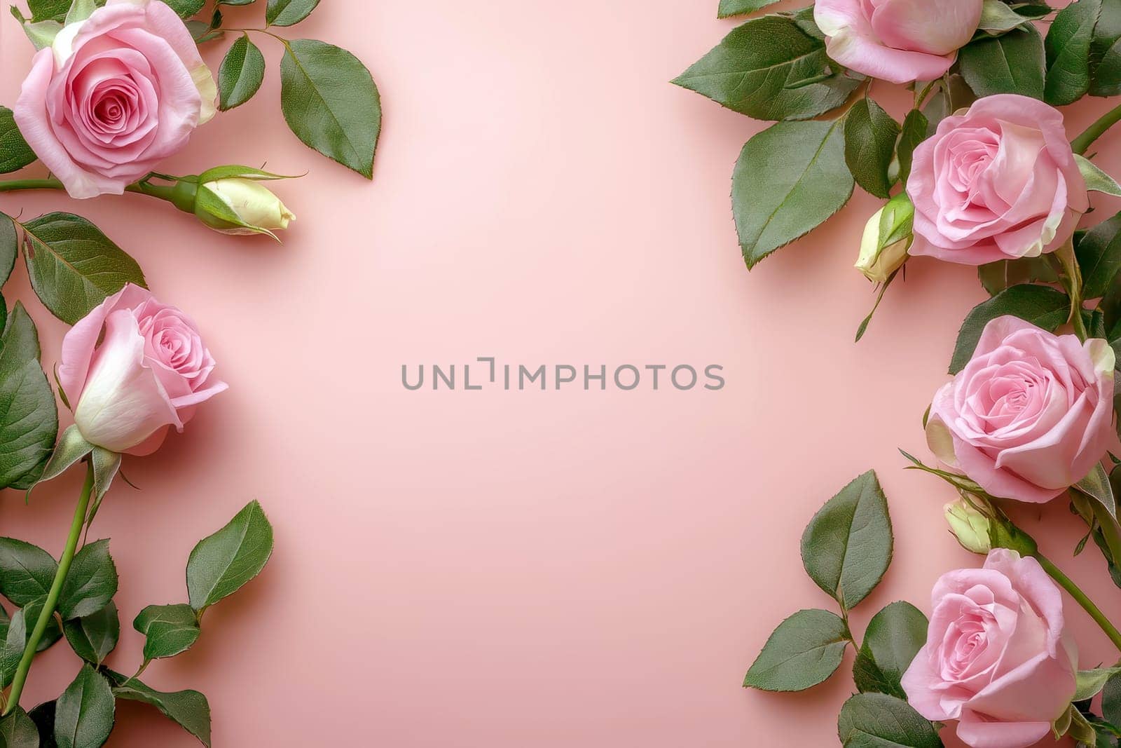 pink roses and rosebuds arranged on a soft pink background with space for text. Flat lay design of pink floral arrangement for a romantic setting..