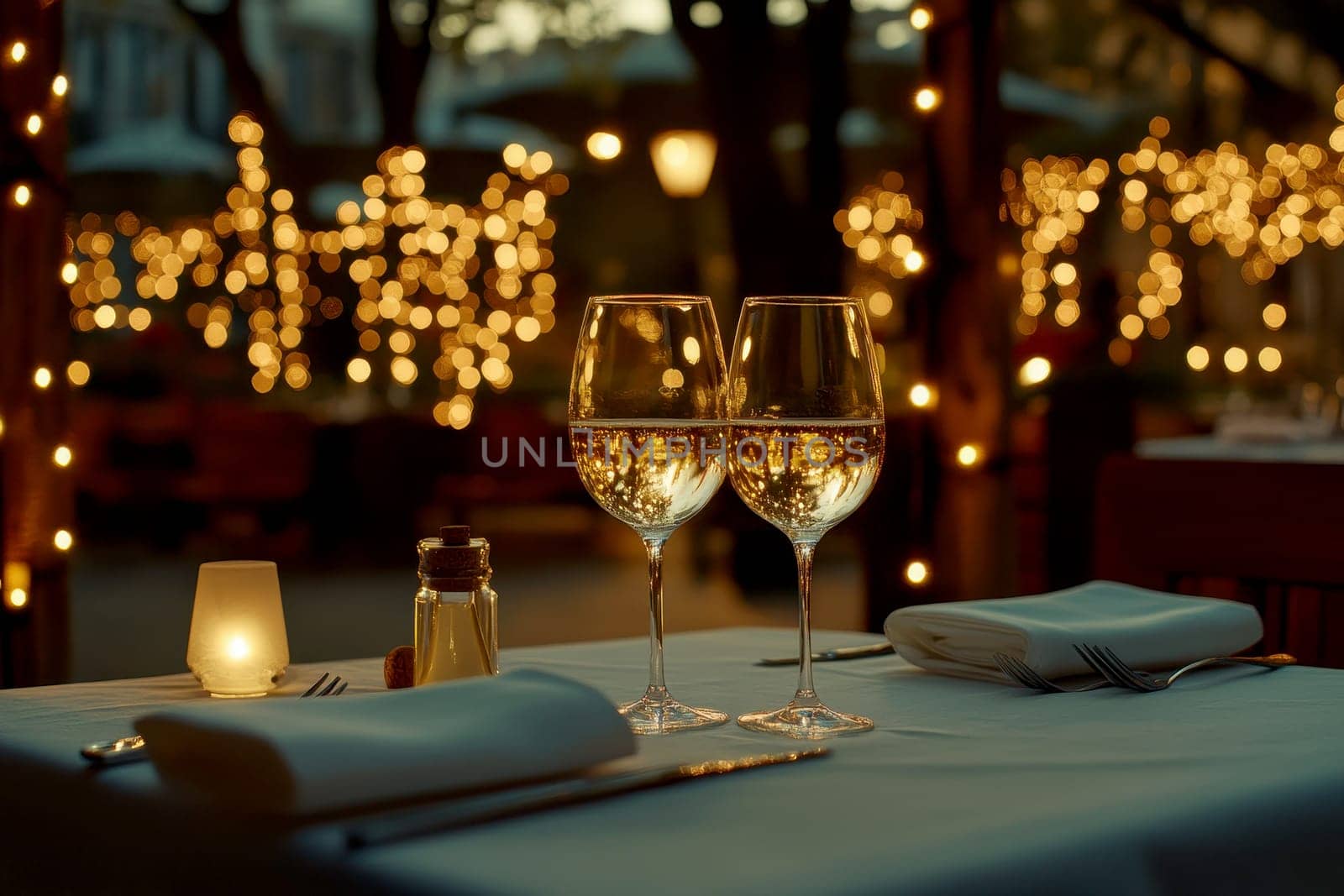 A romantic candlelit dinner table setting with two glasses of white wine..