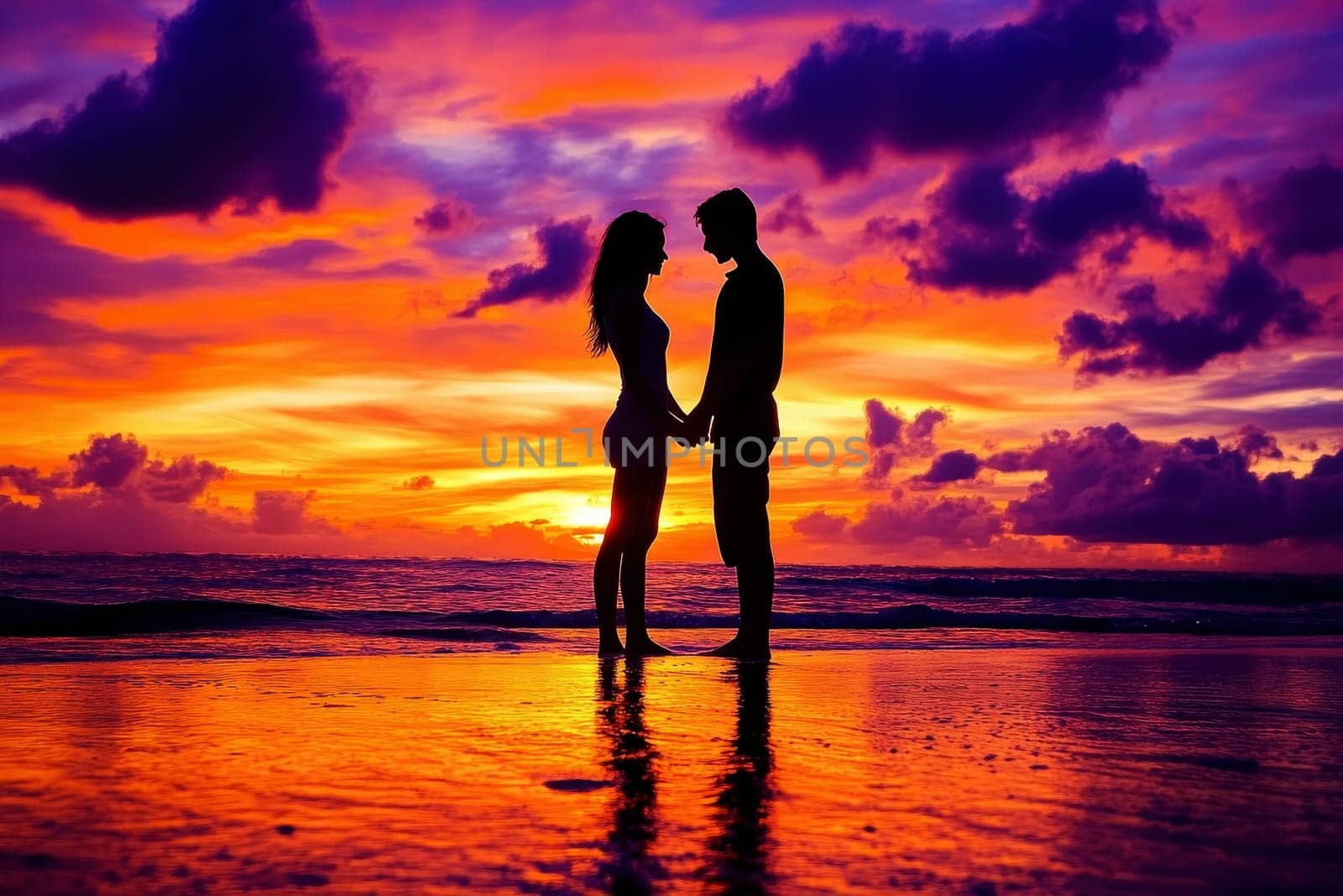 A couple is standing on the beach at sunset with a red sky. AI..