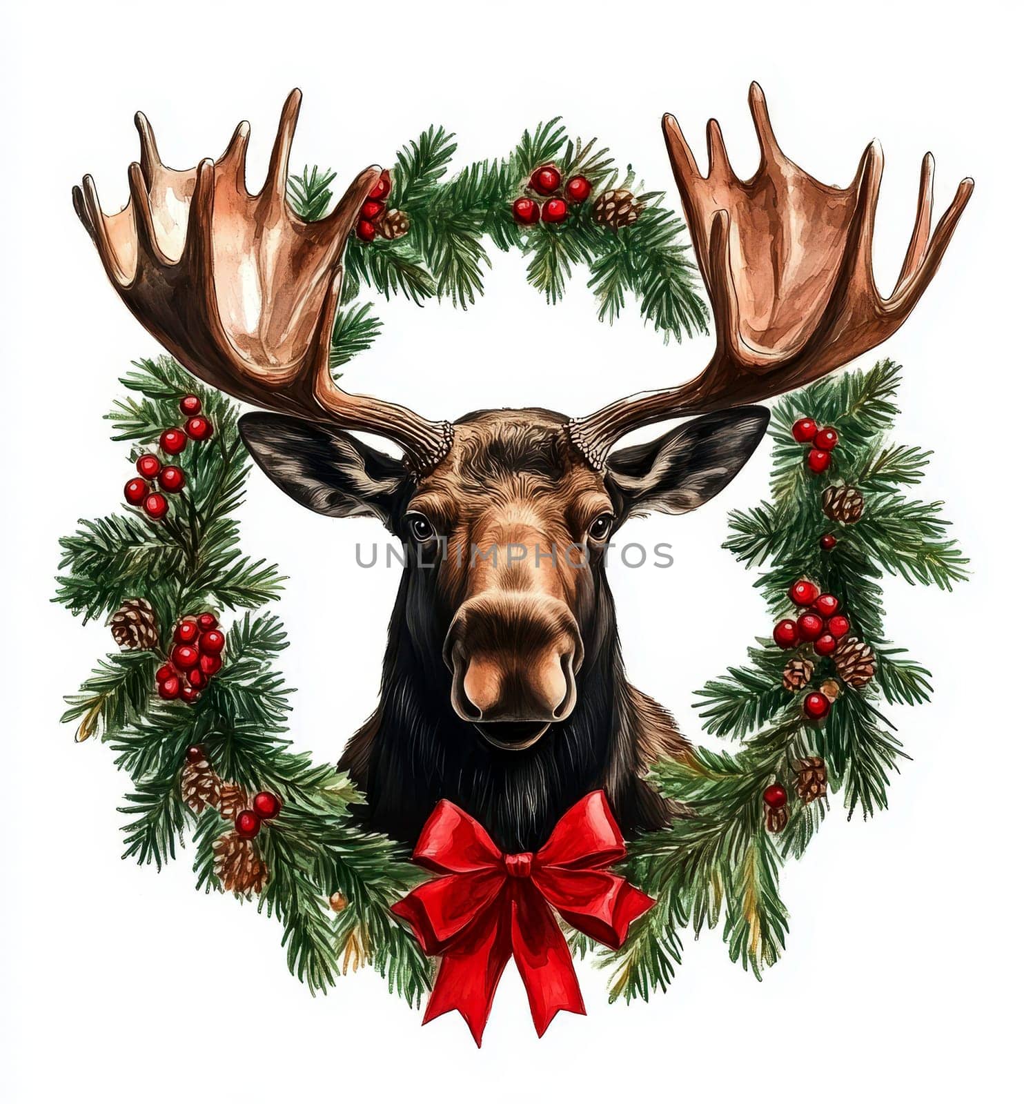 Christmas moose head with red bow and Christmas wreath on white background..