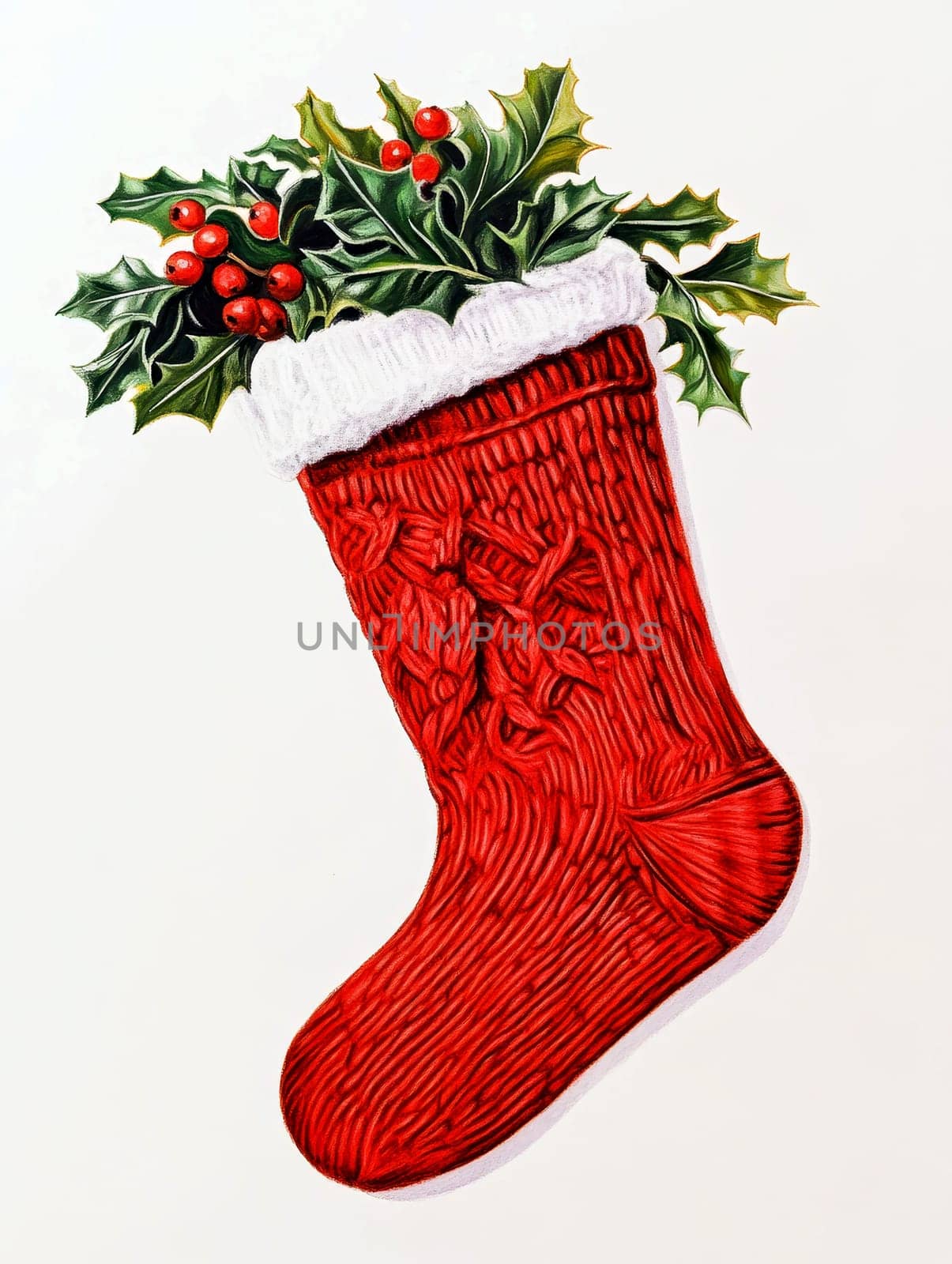Festive Christmas red knitted sock with a mistletoe on White Background..