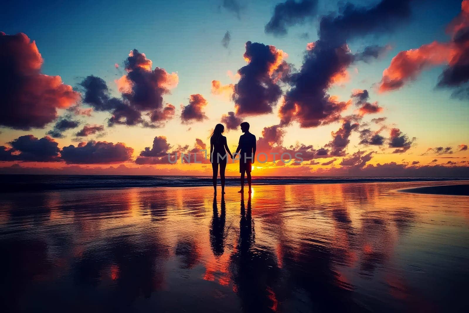A couple is standing on the beach at sunset with a red sky. AI..